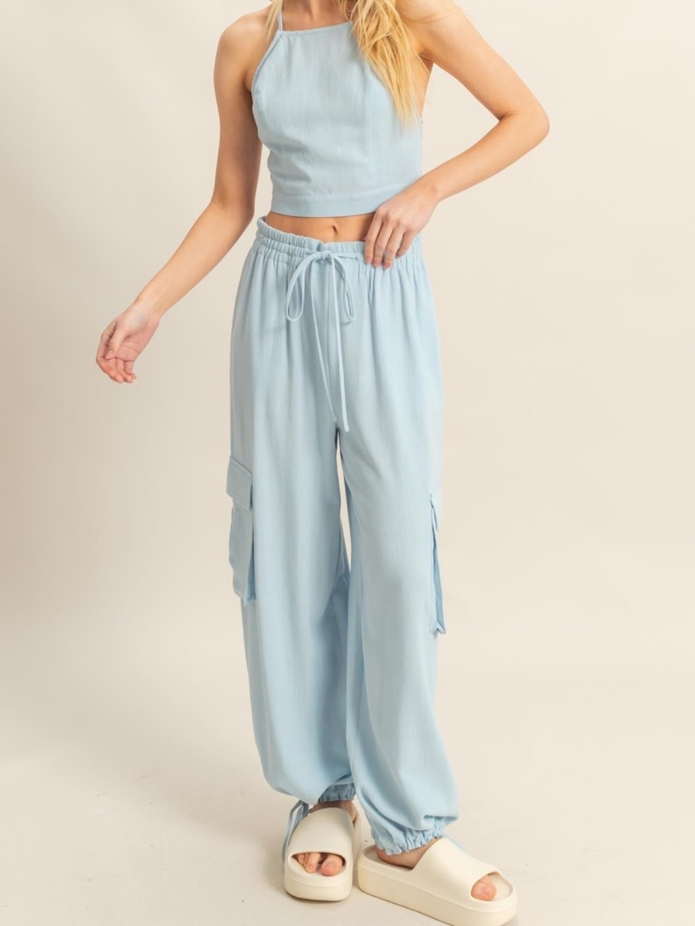 🟤NWT HYFVE 2PC Set - Cargo Joggers and Halter Top w/Back Tie in Light Blue